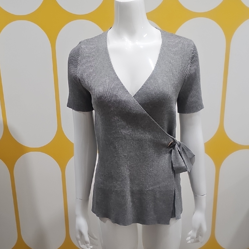 Capsule Wardrobe Gray Knit Wrap Top With Tie Side Waist Office Classic Size L